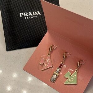 Prada 3 pc Pink Enamel Charm Set - Lipstick & Logo Triangle Charms Best Gift GWP